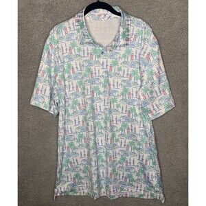 Vineyard Vines Polo Shirt Mens Large Performance All Over Print Lighthouse Palm